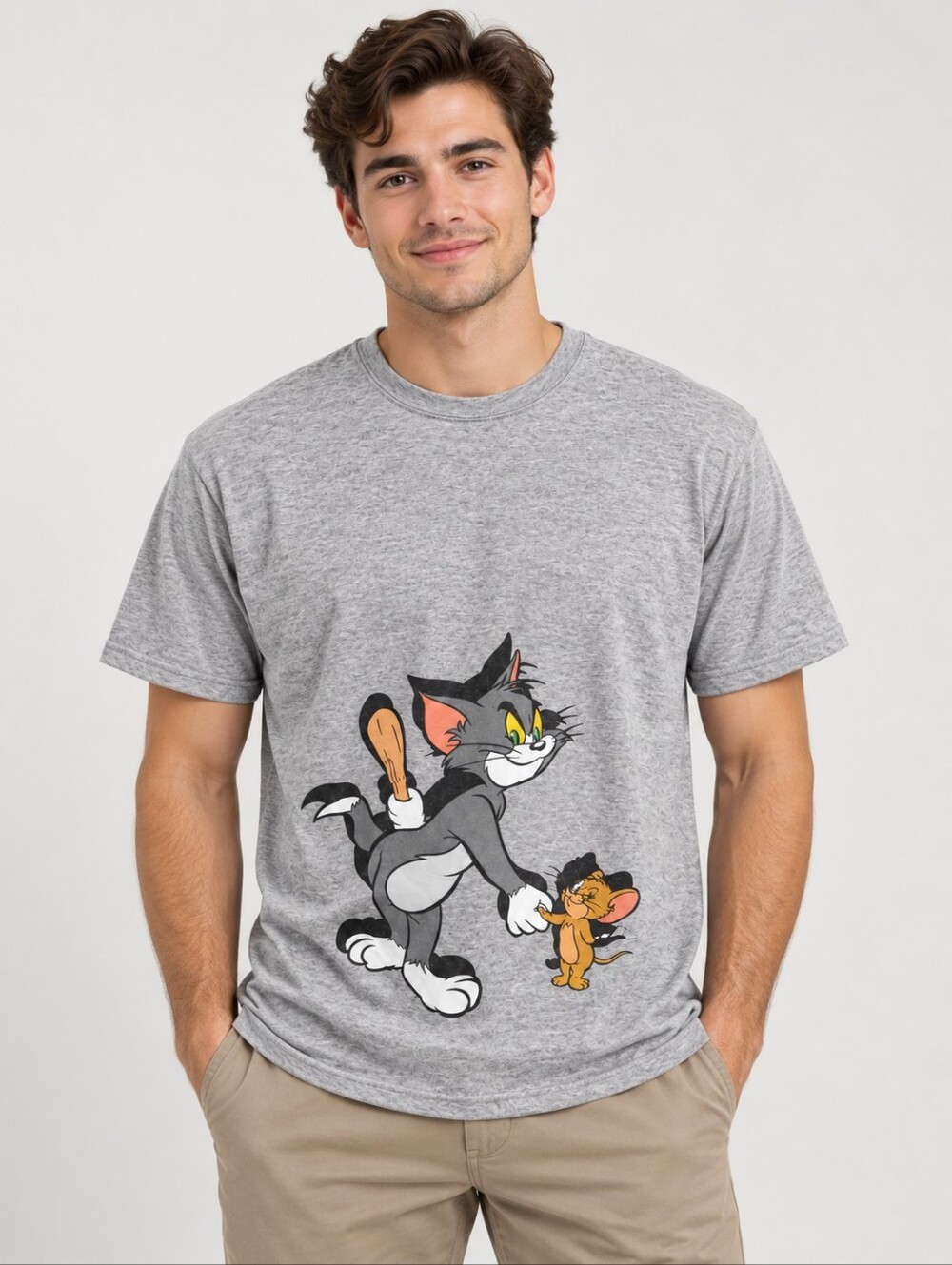 Tom & Jerry Graphic T-Shirt Gray Size Large Cartoon Tee Unisex